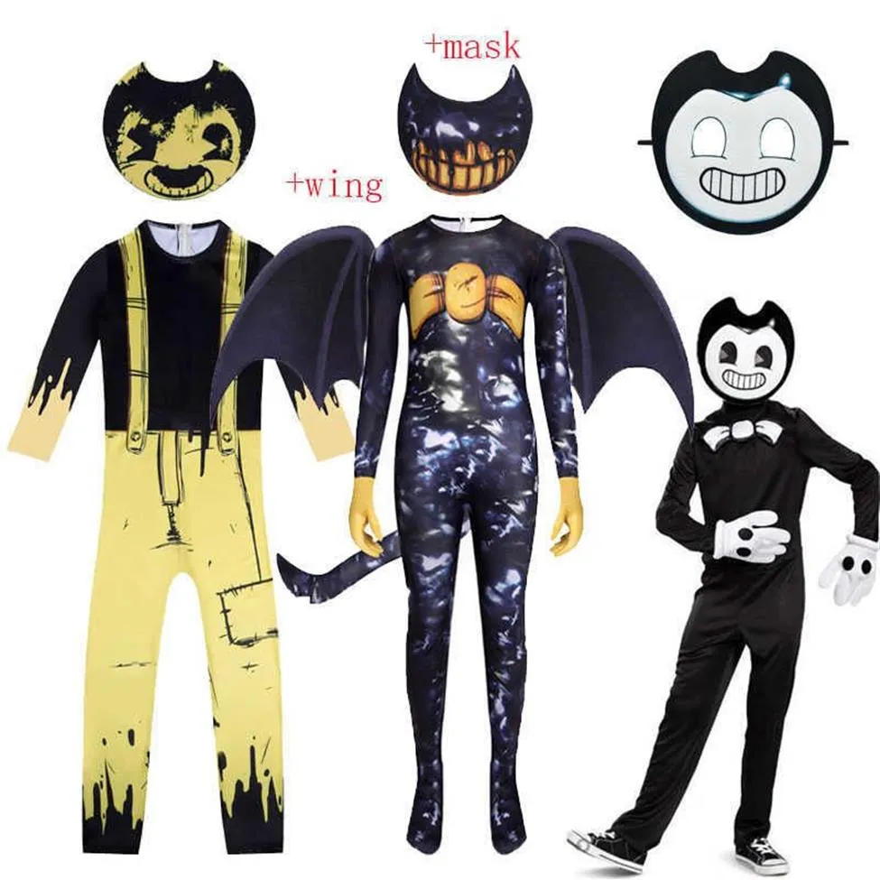 Crianças trajes de halloween anime bendy as máquinas de tinta cosplay meninos meninas bodysuit asa dos desenhos animados disfraces carnaval festa roupas g02693