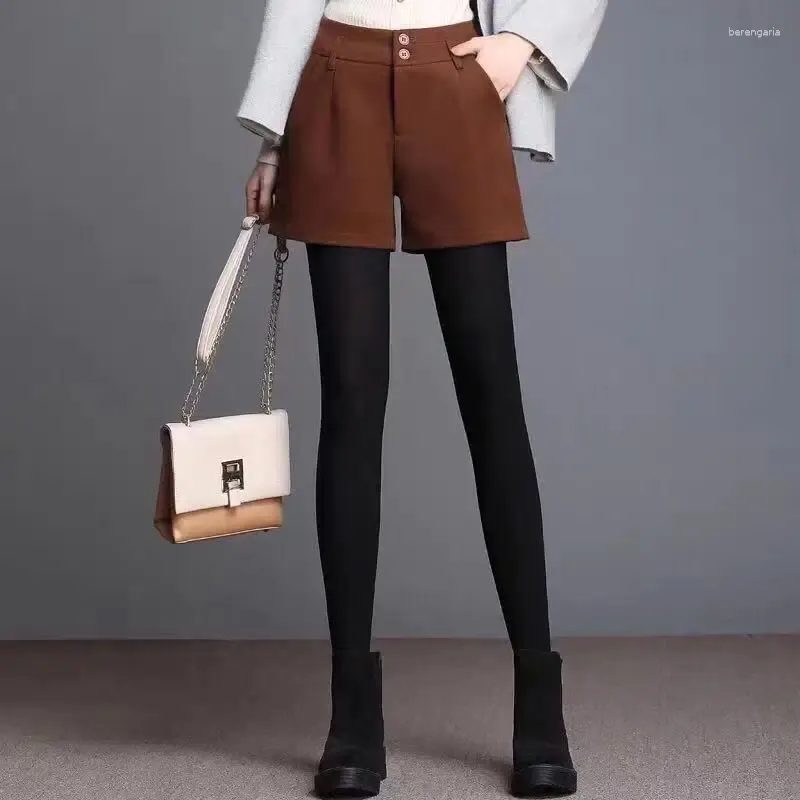 Pantaloncini da donna Panno di lana Donna Autunno Inverno Pantaloni a gamba larga a vita alta Tinta unita sciolto Abbigliamento donna Temperamento