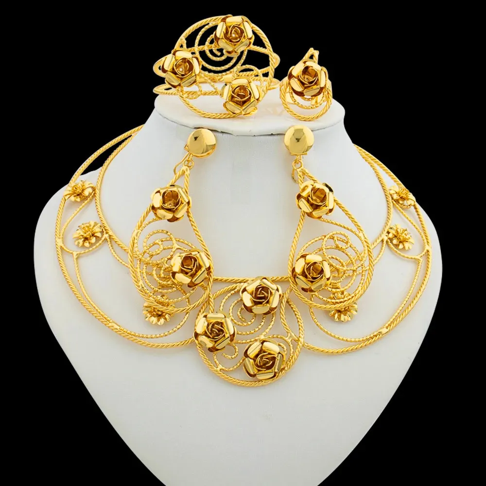 Set di gioielli da sposa Set di matrimoni brasiliani per donne Collana in oro 18 carati e orecchini a cerchio Regali di gioielli placcati africani Dubai 231219