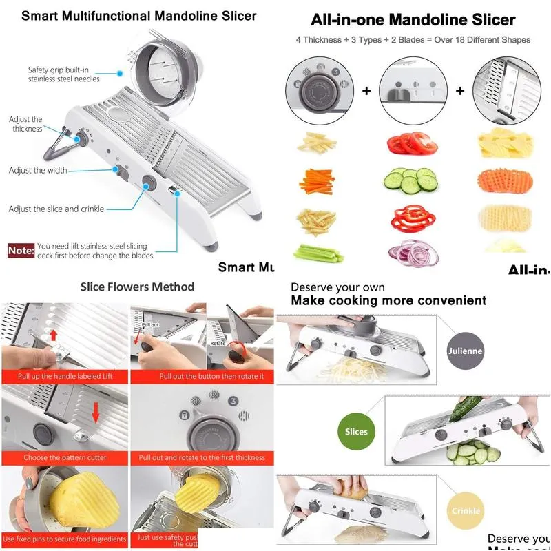 LMETJMA 18 Types Adjustable Mandoline Slicer Stainless Steel Vegetable Julienner Grater Onion Potato Slicer Cutter KC0326 210406