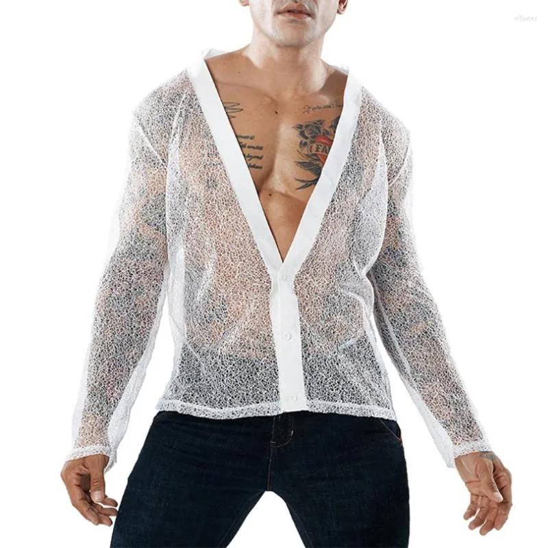 Camiseta masculina confortável transparente cardigan casual profundo decote em v moda manga comprida de mangas compridas ver através sexy sheer