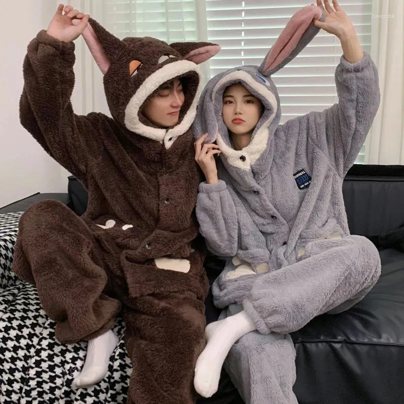 Women's Sleepwear Winter Men Pijama Sets 2PCS Adult Korean Hooded Pyjama Women Loungewear Thicken Soft Warm Pajama Suit