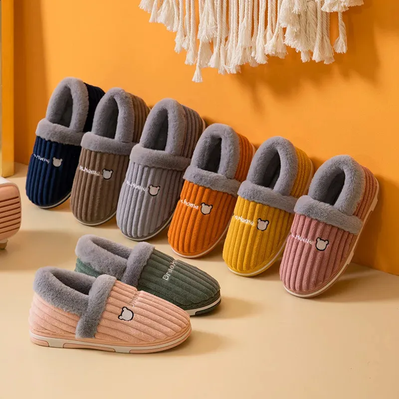 Slippers Winter Cover Heel Men's Slippers Couple Corduroy Plush Striped Rabbit Hair Indoor Outdoor Warm Cotton Shoes Cotton Slippers 231219