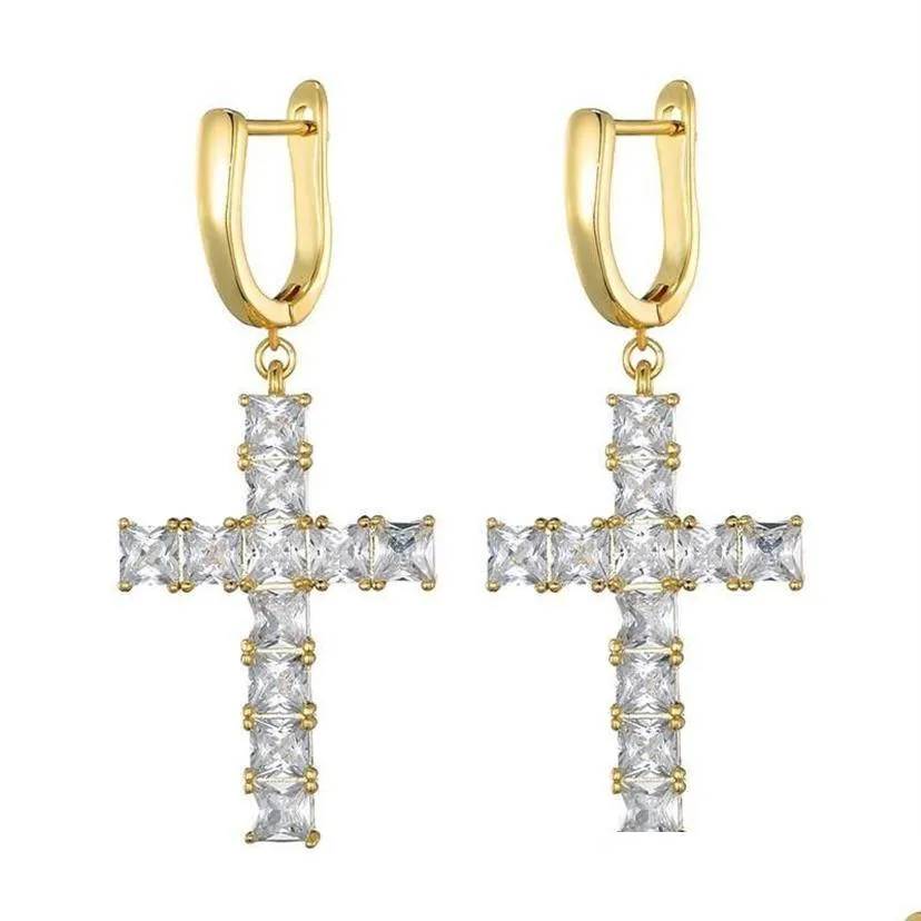 Stud Fashion Mens Women Earrings Gold Sier Color Ice Out Square Cz Cross Hip Hop Gift254A Drop Delivery Jewelry Dhesj