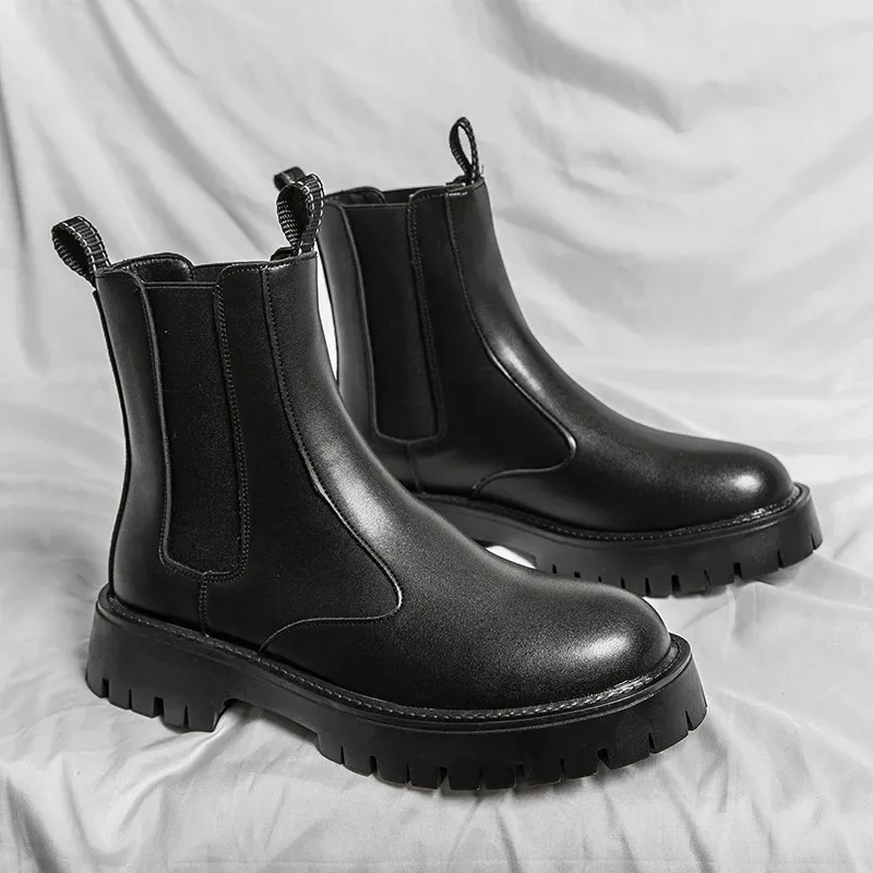 Bottes Chelsea en cuir antidérapant pour homme, chaussures d'hiver chaudes et épaisses, tendance à enfiler à la cheville, faites à la main, marque de luxe, 231218