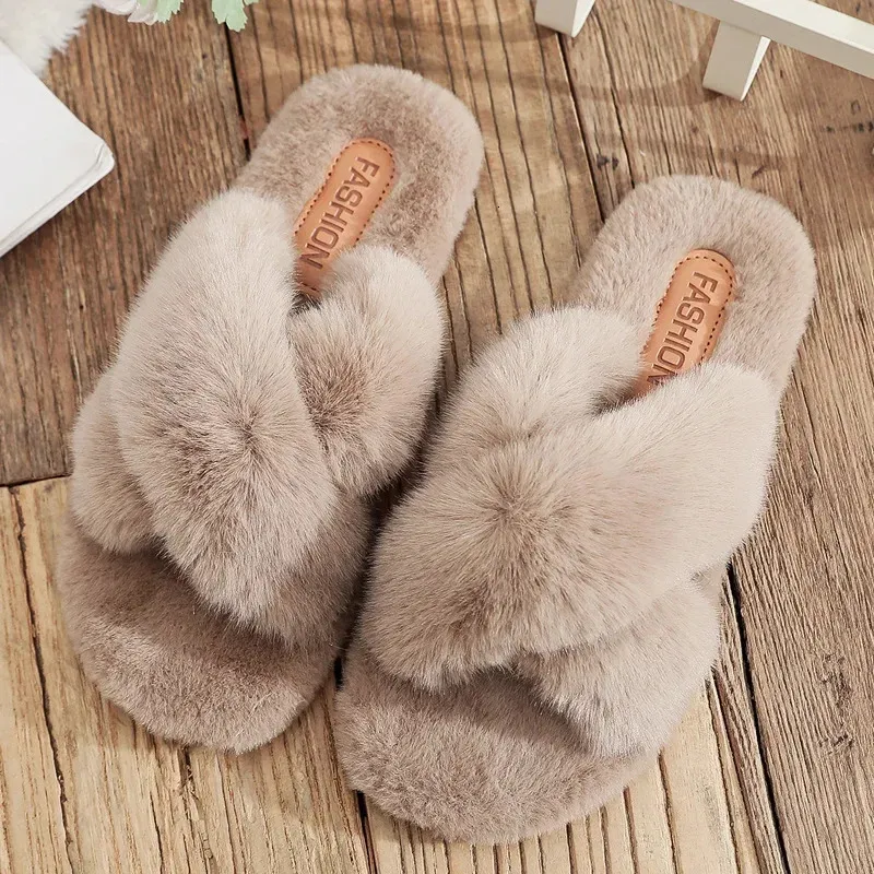 Slipper Mode Warm Pluizig Gezellig Imitatiebont Kruis Indoor Vloerslippers Plat Zacht Harig Dames Vrouwelijke Beroemdheden Slippers 231218