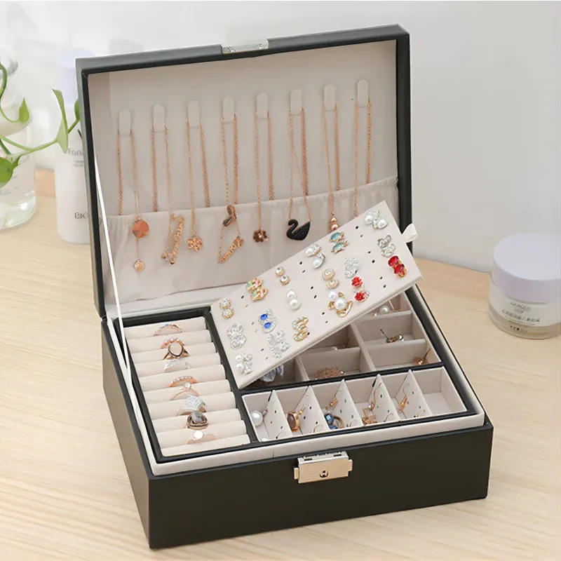 Smyckeslådor Dubbelskiktsmycken Box Organiser Earring Ring Halsband JAMPLAGE LAGRINGSFALL MED LÅS FÖR SMEYCHBOLES OCH PACKAGING 231218