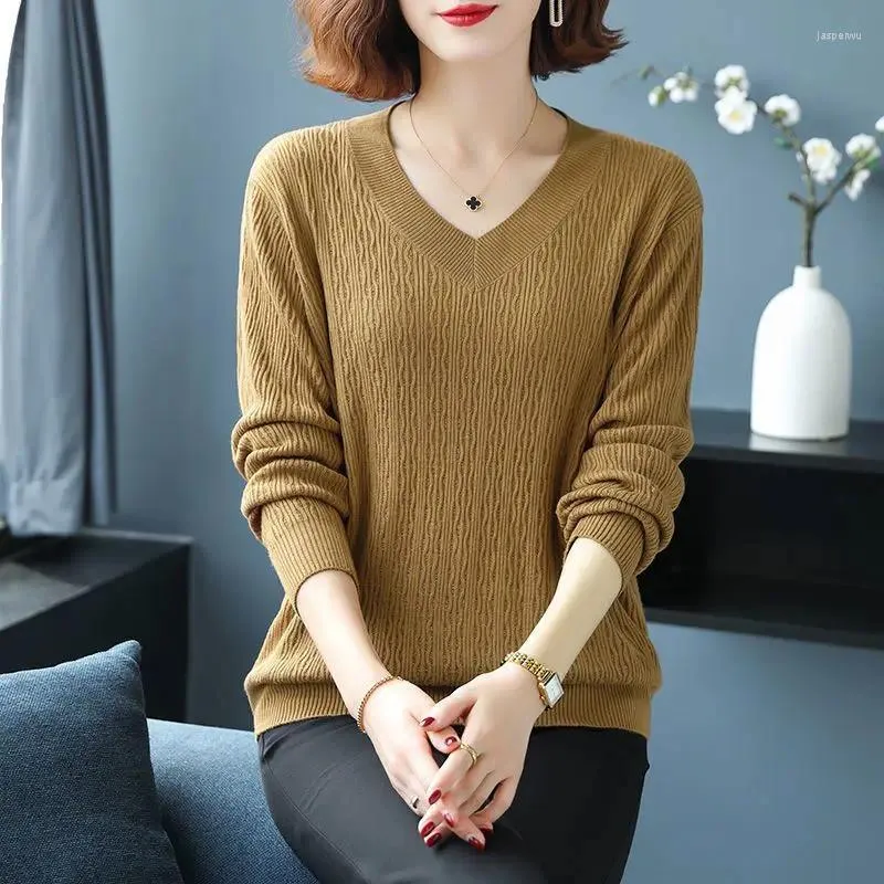 Women's Sweaters 2023 Autumn And Winter Pullover V-neck Screw Thread Solid Sweater Loose Bottom Fashion Casual Elegant Long Sleeve Tops