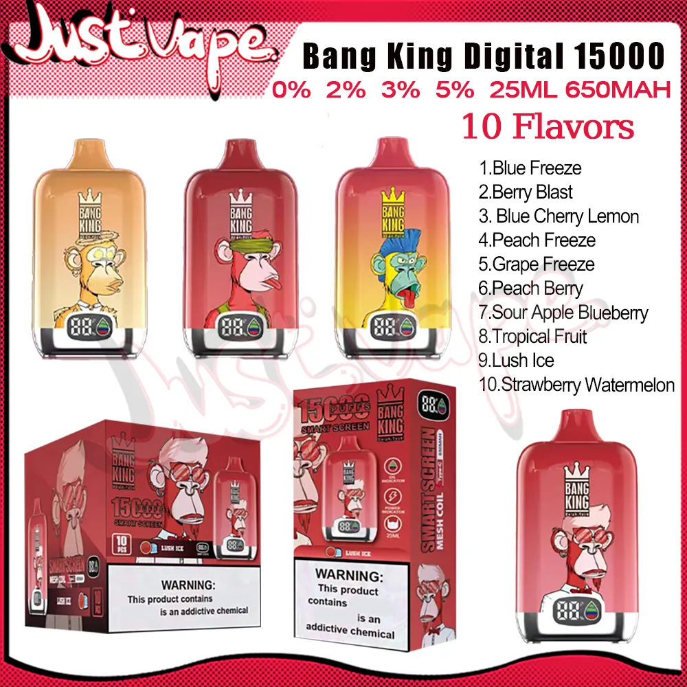 Authentique Bang King Digital 15000 Puff Jetable E Cigarettes Mesh Coil 25 ml Pod 650 mAh Batterie Électronique Cigs Puff 15K 0% 2% 3% 5% 10 saveurs Vape Pen