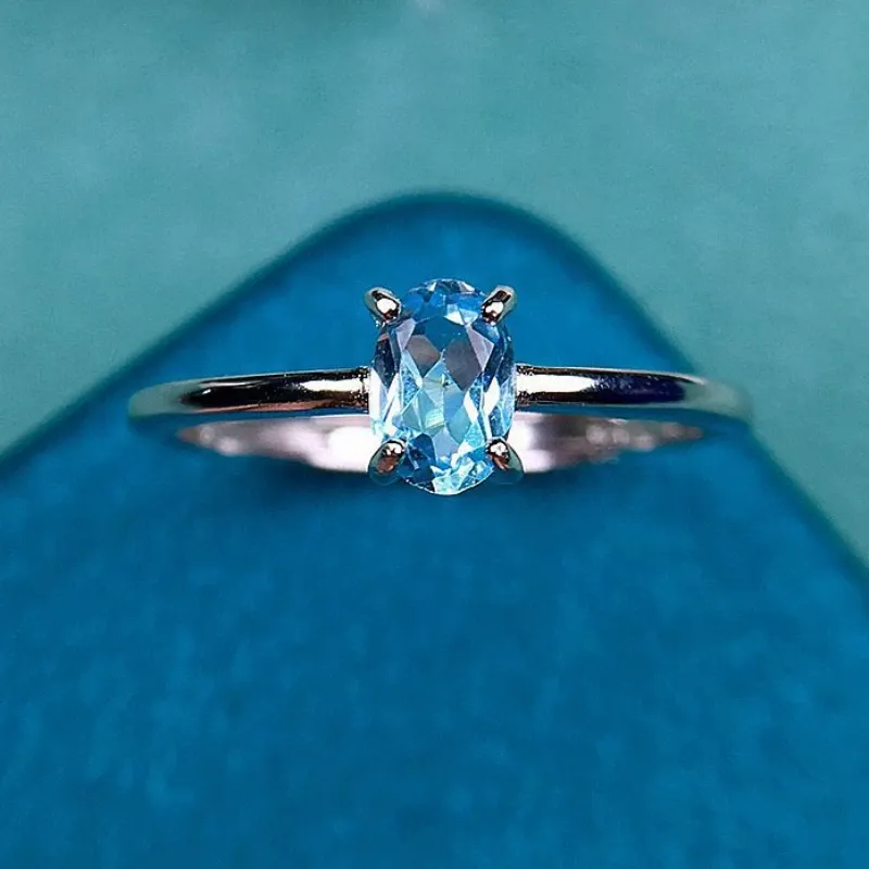 Bague topaze naturelle, 4mm x 6mm, qualité VVS, 0,5ct, topaze bleu clair, argent 925, avec 3 couches, plaqué or 18 carats, offre spéciale