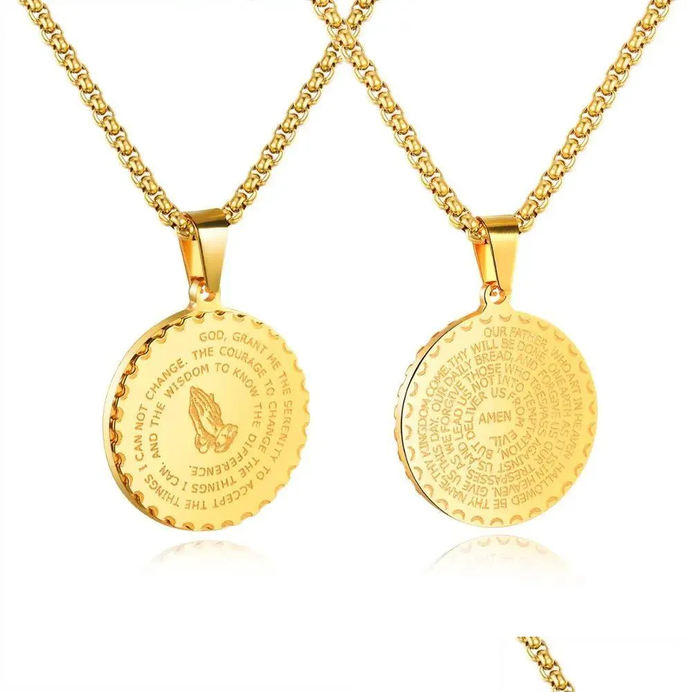 Pendant Necklaces Golden Bible Coin Medal Praying Hands Necklace Pendant 14K Yellow Gold Chain Relius Prayer Christian Jewelry Drop De Dhamq