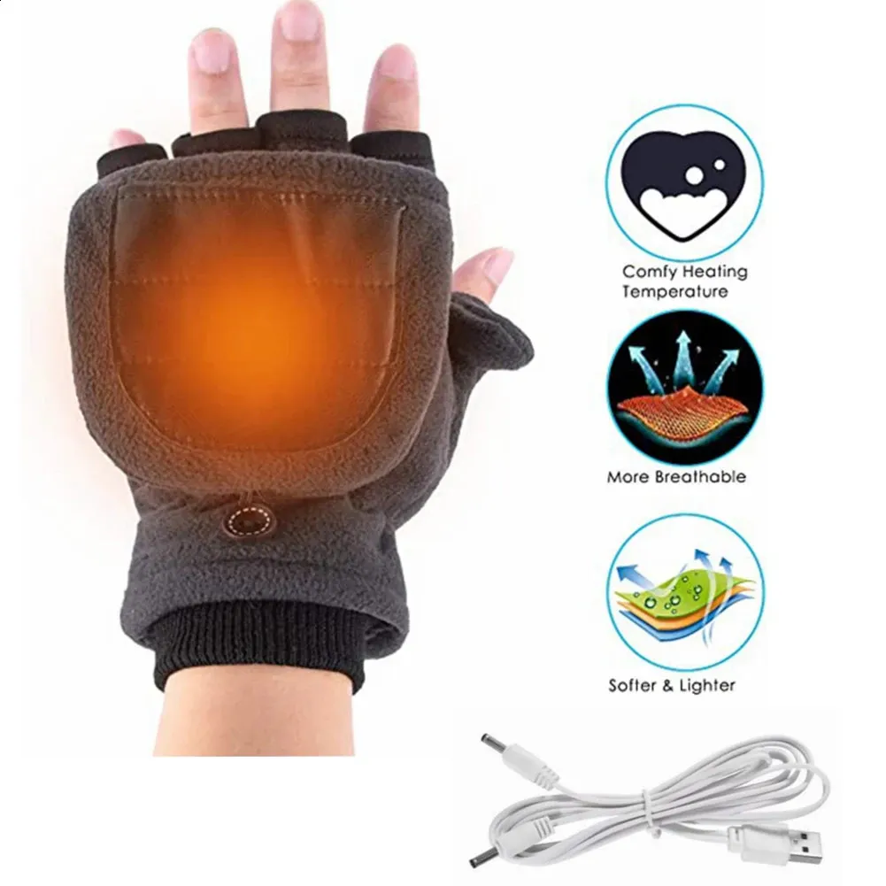 Ski Gloves Electric Heated Gloves Windproof Electric Heating Glove Knitting Half Finger Flip Constant Temperature for Indoor Home Outdoor 231218