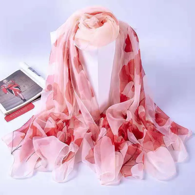 Byssifa Red Roses Silk Scarf Ladies Fashion 100% Pure Silk Long Scarves Spring Autumn Thin Transparent Sexig Satin Silk Scarf S18101904