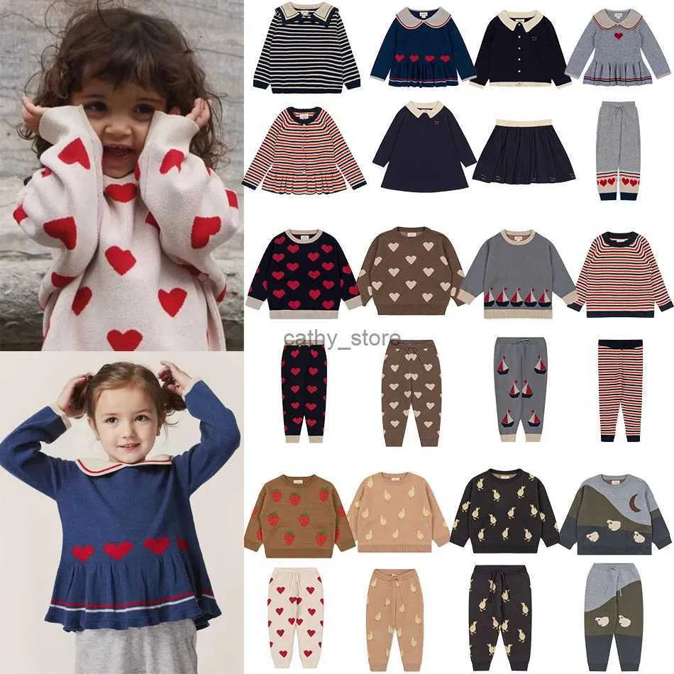 Pulôver Inverno Konges Slojd Crianças Roupas Set Menino Menina Camisola De Malha Roupas De Bebê Criança Algodão Moletom Calças Terno Recém-nascido KnitwearL231215