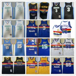 Mitchell and Ness Basketball Retro Allen Iverson Vintage Jerseys 3 Dikembe Mutombo 55 Carmelo 15 Blue Black White Yellow Team Stitch Breathable High Quality Uniform