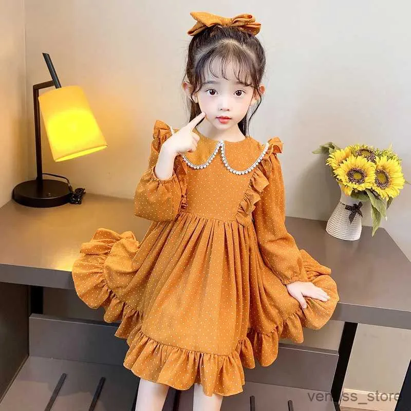 فساتين الفتاة أطفال ربيع الخريف ملابس الأطفال ثياب كشكش نقطة طباعة أزياء كورية فتاة طويلة الأكمام فستان القطن غير الرسمي