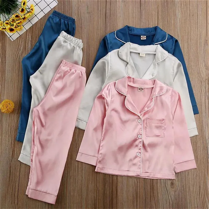 Pajamas Pajamas 17y Kids Kids Girls Boys Silk Satin Set Children Long Sleeve Buttondown Pajamas Sleepwear Gear Summer Autumn 230728