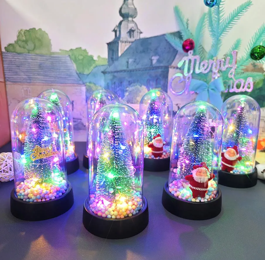 Mini sapin de Noël artificiel éclairé avec guirlande LED en sisal avec base en bois dans un étui transparent, décorations de fête de Noël pour la maison