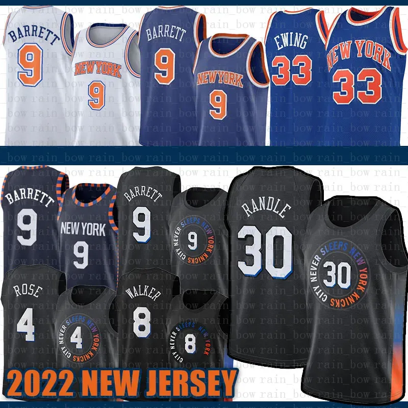 New''York''Knicks''Men 8 33 RJ Barrett Julius Randle Derrick Rose Basquete Jersey 9 30 4 Kemba Walker Patrick Ewing 025