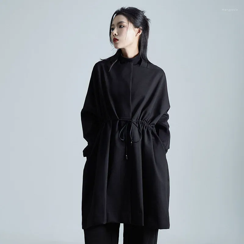 Women's Trench Coats Gothic Black Coat Women' S Long Jacket 2024 Batwing Sleeve Loose Tunic Waist Heavy Thick Spring Warrior Outwear
