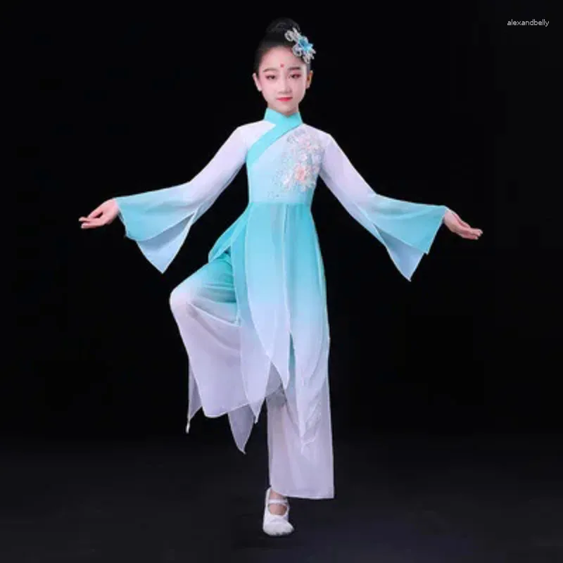 ارتداء المسرح على الطراز الصيني للأطفال Hanfu Classical Dance Comple National Girls Fan Yangko Hmong