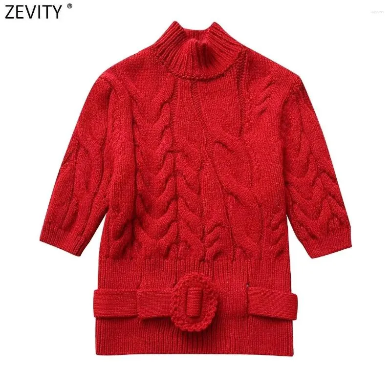 Kvinnors tröjor Zevity Women Fashion Stand Collat ​​Twist Crochet Knitting Tröja Kvinnlig chic kortärmad blommig bälte Slim Coats Tops