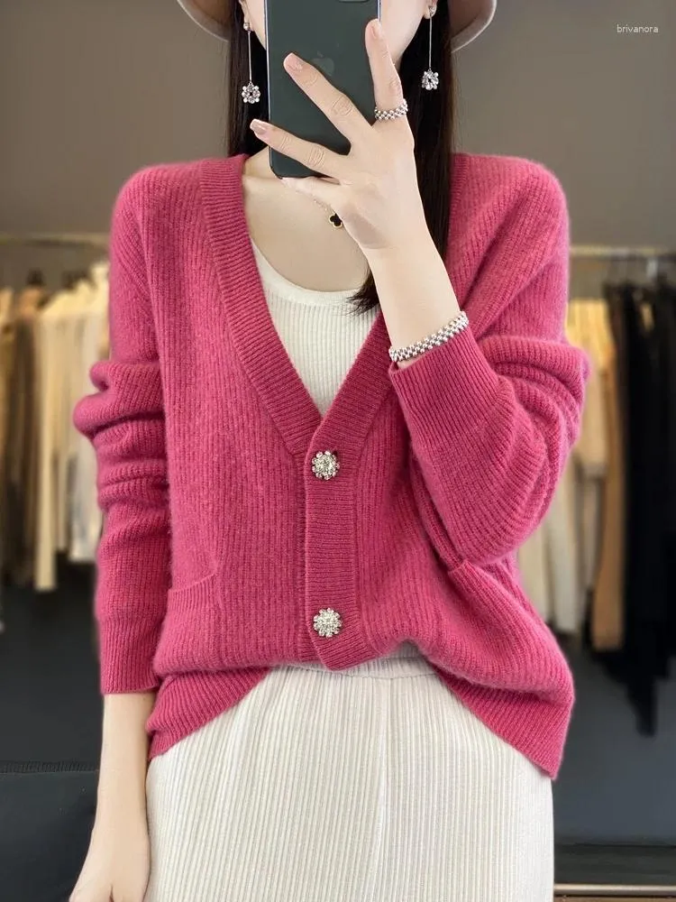 Women's Knits Spring Winter Women Clothing Cardigan Knitwear Aliselect Fashion Merino Wool Sweater V-Neck Full Sleeve Cashmere Tops