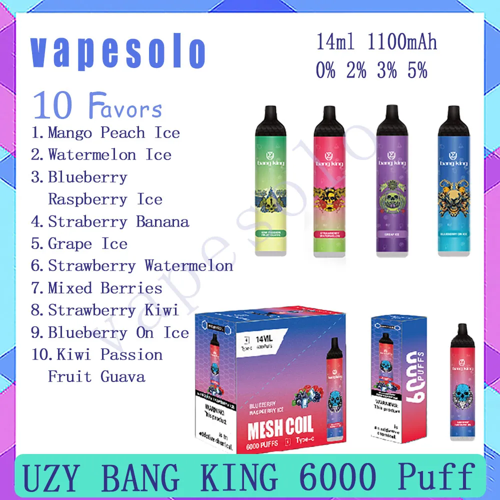 Authentique UZY BANG KING 6000 Puff Jetable E Cigarettes Puffs 6k 14 ml Stylo Vape Liquide Prérempli 1100 mAh Rechargeab le Vaporisateur de Batterie 10 Saveurs