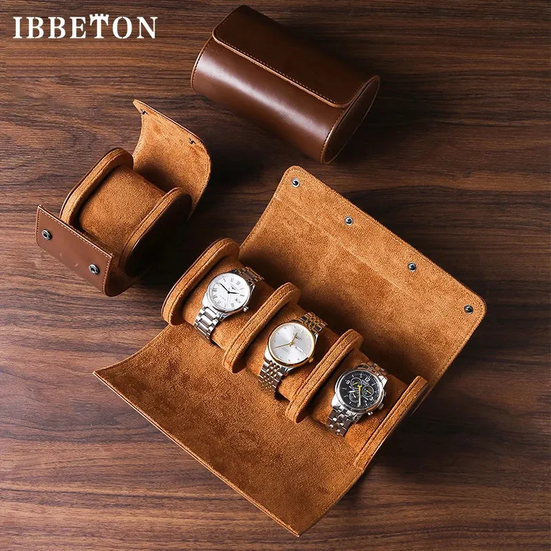 Uhrenboxen Hüllen IBBETON 3 Slot Roll Travel Case Tragbare Vintage Leder Display Aufbewahrungsbox Organizer von Herren Geschenk 231219