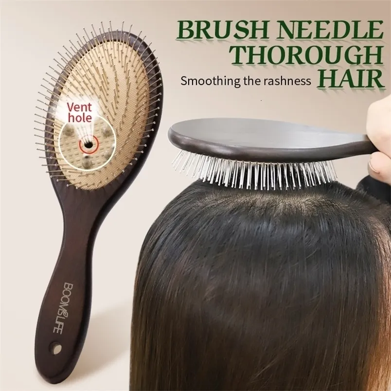 Escovas de cabelo cabeça massagem escova de aço madeira com agulha de aço couro cabeludo airbag escova de cabelo para pentear cabelo 231218
