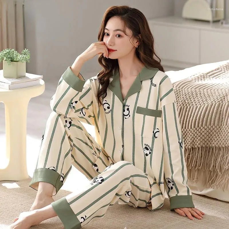 Vêtements de nuit pour femmes Pur coton Femmes Pyjamas Outfit Dames Automne Manches longues Vêtements d'extérieur Loungewear Printemps Casual Ensemble confortable