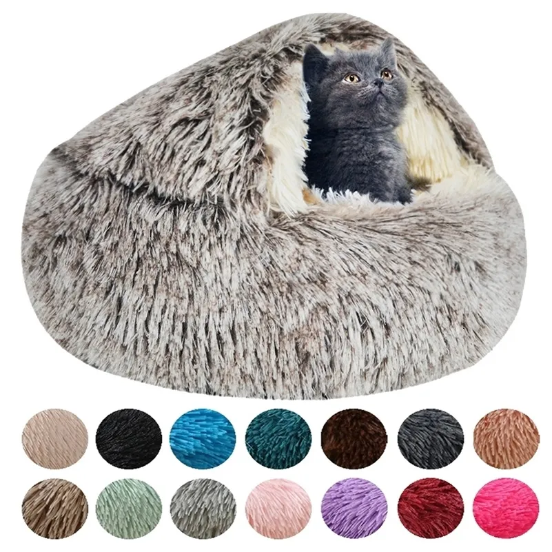 Kennels Pens Long Plush Winter Pet Cat Bed Cojín redondo Cesta caliente Bolsa de dormir Nido Perrera para perros pequeños Bet House 231218