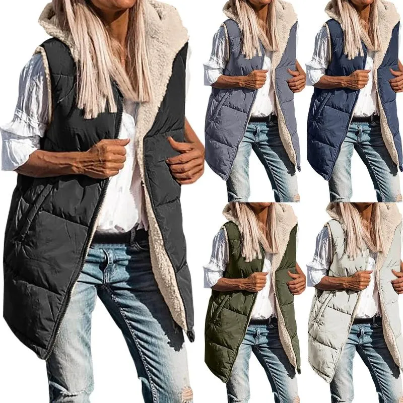 Gilets pour femmes Femmes 2023 Automne Veste polaire sans manches Gilet réversible Zip Up Sweat à capuche Poches Long Manteau d'hiver chaud Vêtements de dessus pour femmes