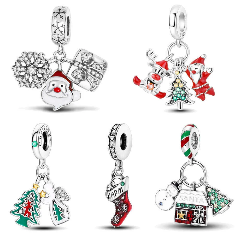 Orecchini Collana a tema natalizio Confezione regalo con fiocco di neve Babbo Natale Ciondolo con perline Placcato in rame Argento 925 Pan Famiglia Bracciale fai da te Hot 3sgo