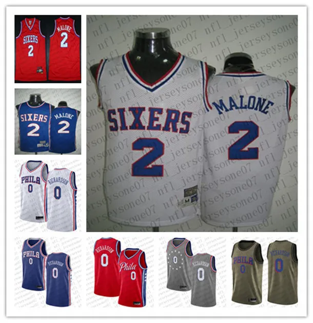 Personalizado Mens Mulheres Juventude Philadelphia''76ers''0 Richardson 2 Malone Camo Azul Vermelho Basquete Retro Jersey