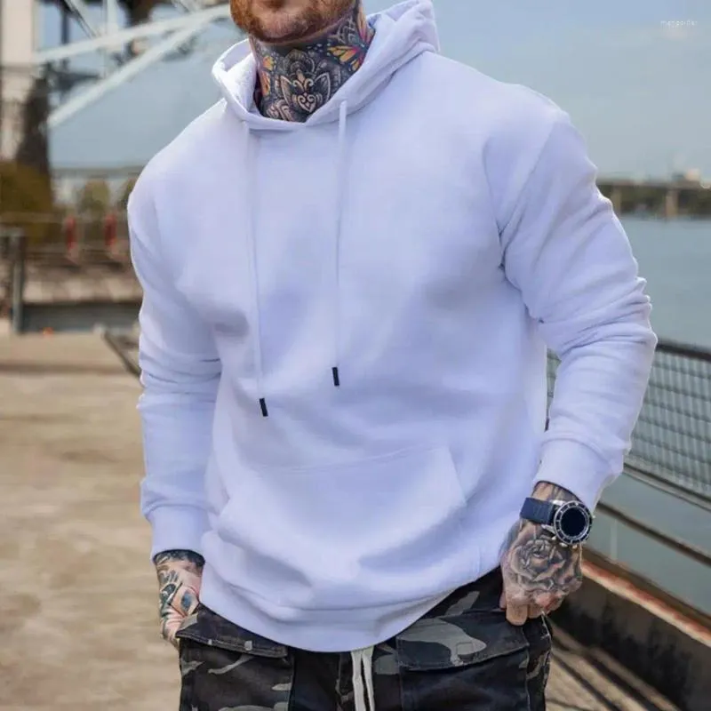 Męskie bluzy przednie sznurka kieszonkowa długie rękawy pullover bluza z kapturem jesienna zima solid kolorowy polar podszewki bluzy z kapturem streetwear