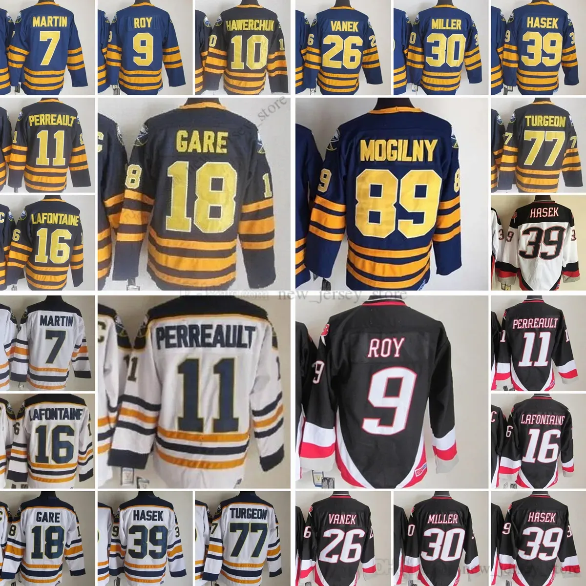 Movie College Vintage Ice Hockey Wears Jerseys Stitched 39DominicHasek 9DerekRoy 10Hawerchuk 11GilbertPerreault 16PatLaFontaine 18DannyGare