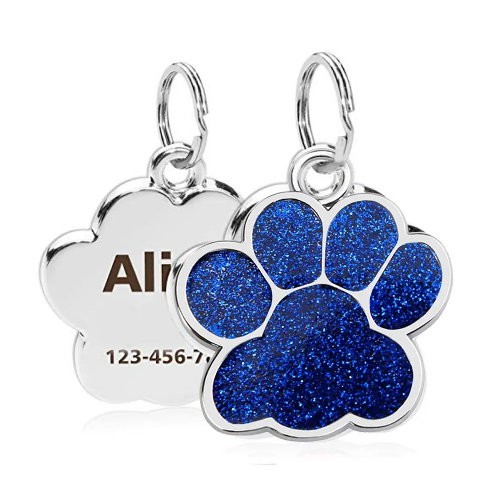 Etiquetas de identificação personalizadas para animais de estimação, faça você mesmo, gravado, cachorro, gato, cachorro, nome, cartão de identificação, acessórios para animais de estimação, pingente de glitter de pata de metal