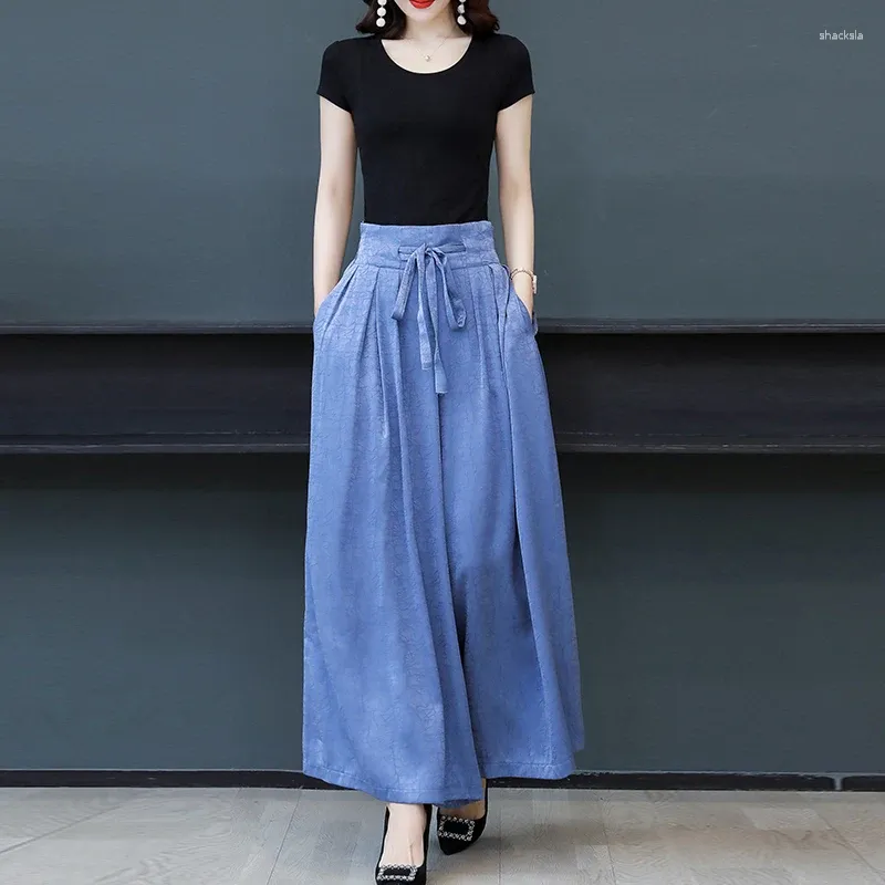 Women's Pants TingYiLi Spring Summer Silk Satin Palazzo High Waist Drawstring Loose Wide Korean Elegant Office Black Blue Trousers