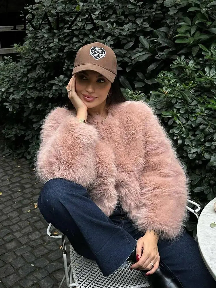 Damesjassen trafza 2024 winter faux bont jas voor vrouwen mode bijgesneden jas lange mouw slanke elegante streetwear bovenkleding