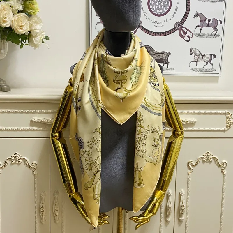 women's square scarf scarves shawl 100% twill silk material yellow color pint pattern size 130cm - 130cm