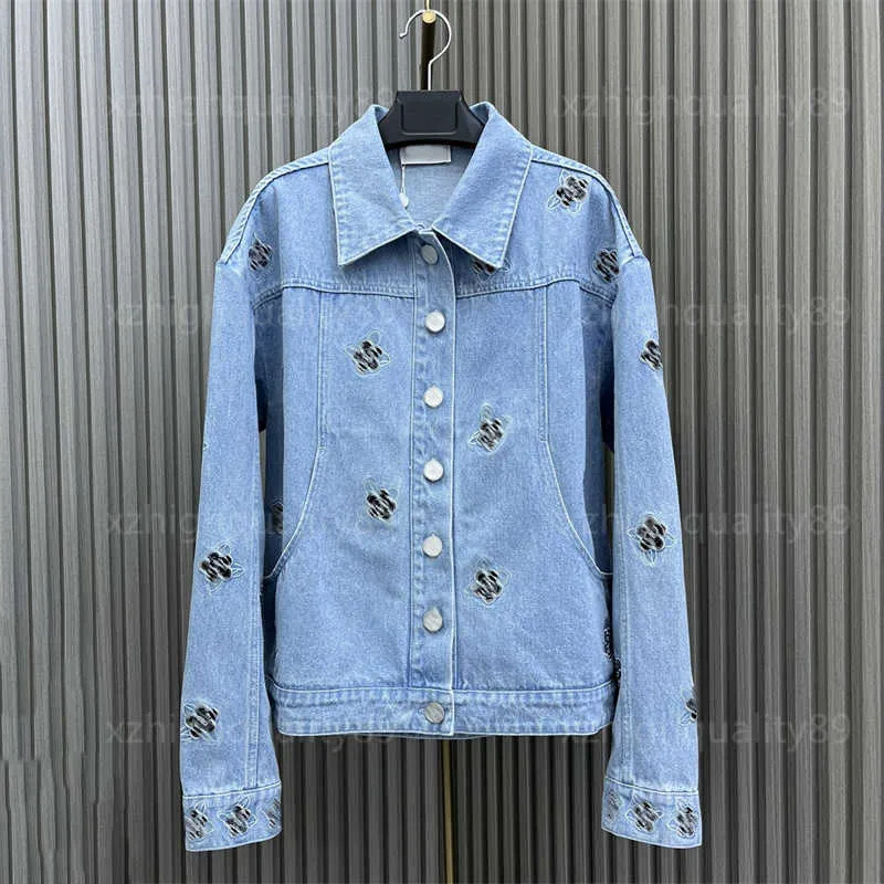 Tasarımcı Kadınlar Coats Moda İşlemeli Denim Ceket Uzun Kollu Yakası Yakası Çok Yeri Ceketler Kadın Giysileri