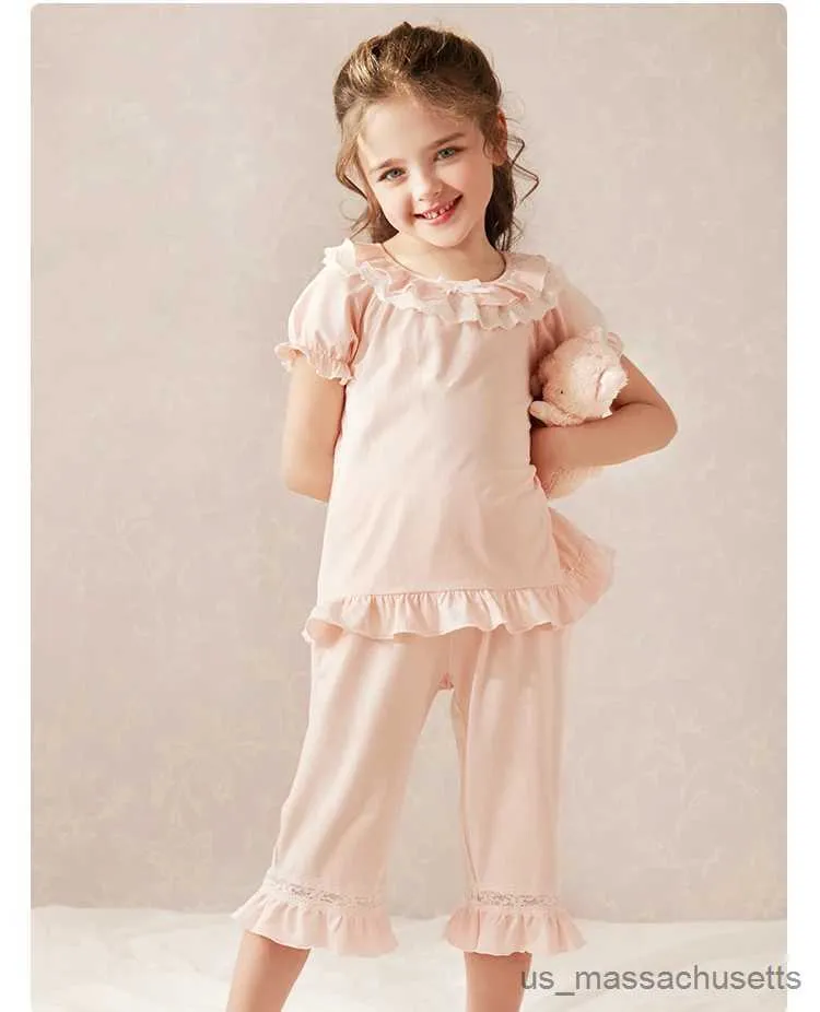 Pyjamas 2 couleurs été enfant fille Lolita coton dentelle pyjama ensemble. Tout-petit bébé à manches courtes pyjamas ensemble mignon vêtements de nuit.