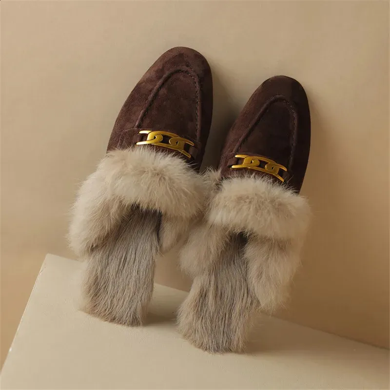 Winter Sheep Suede Rabbit Hair Mules Shoes for Women Round Low Chunky Heel Cover Toe Slippers 231219