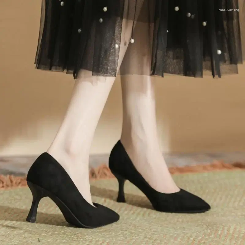 Dress Shoes Pointed Stiletto Heel Large Size 30-44 Women Black Small Suede Work