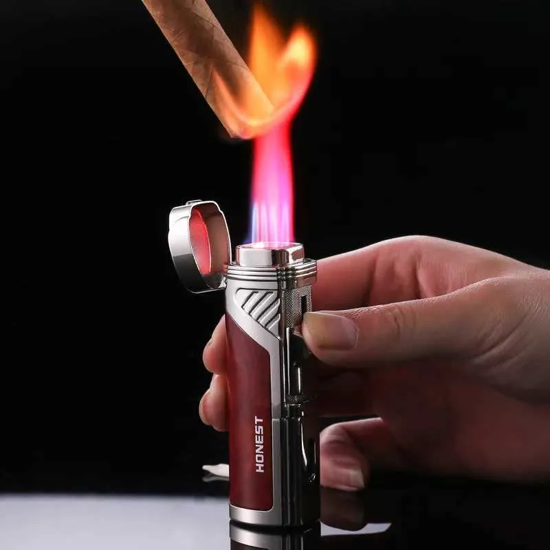 Metal Turbo Windproof No Gas Lighter Four Straight Flush Red Flame Recyclable Inflatable Multifunction Cigar Lighter Men's Gift