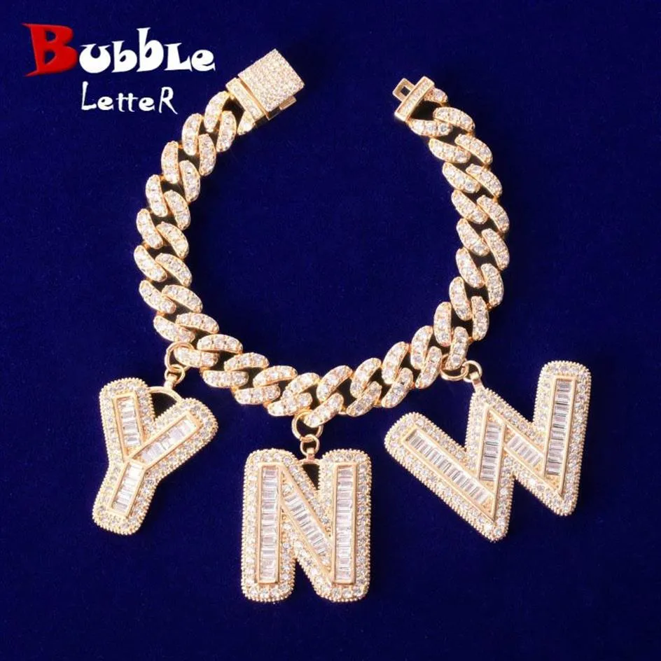 Nome personalizado letras baguete com 10mm corrente cubana pulseira masculina zircão hip hop rock jóias carta substituível 200928250r