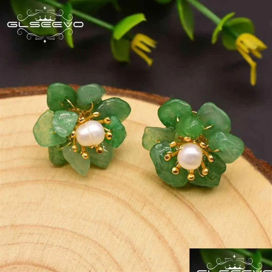 スタッドGlseevo Natural Jade Pearl Stud earrings for Women Mom Birthday Day Gift 925 Sterling Sire Flower Earing Fine Jewelry GE0780 212 DHA8P