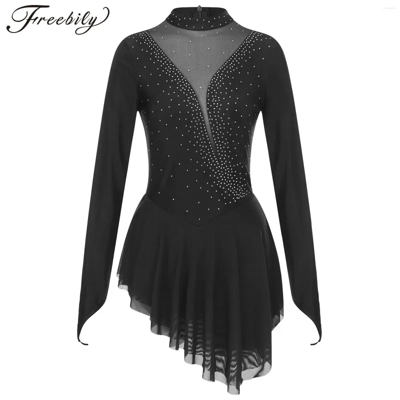 Stage Wear Femmes Figure Patinage Robe Lyrical Dance Ballet Gymnastique Justaucorps Tutu À Manches Longues Brillant Strass Sheer Mesh Dancewear