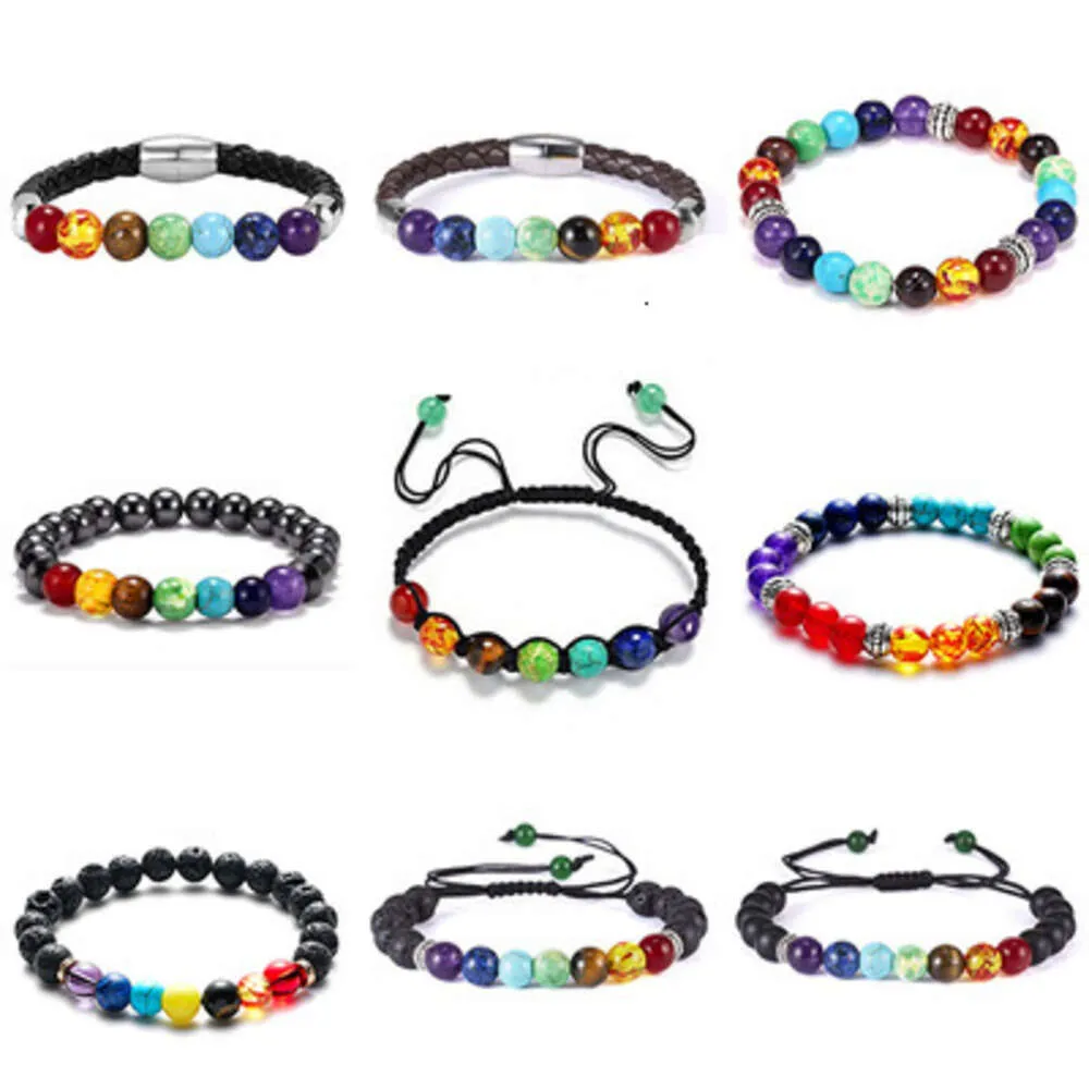 Natural Gemstone Seven Chakra Braided 8MM Bangles Healing Stone Beads Bracelet for Jewelry Making Women Men